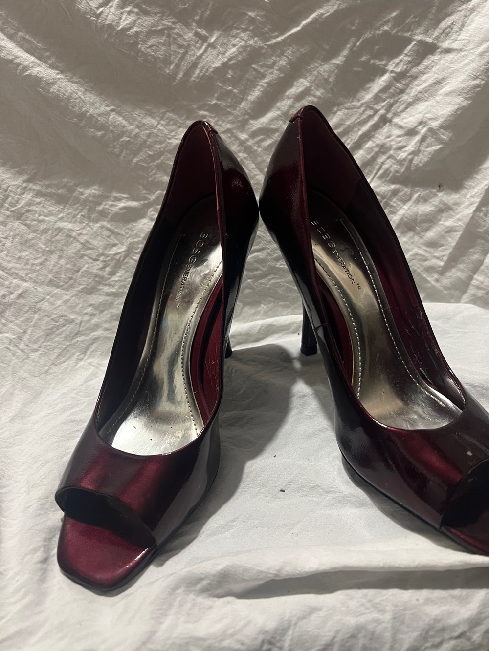 BCBGeneration Wine Red Patent Peep-Toe Heels